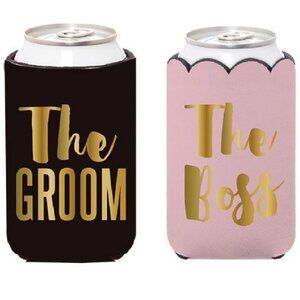 Set of 2 Insulated Can Koozie Cover for Weddings- The Boss (Bride) & The Groom